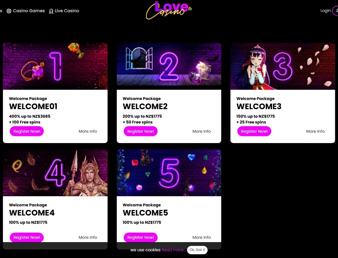 Love Casino desktop promotions area showing welcome offers
