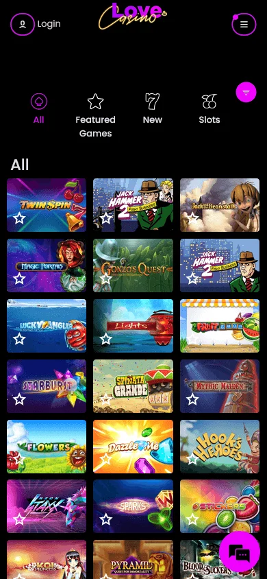 Love Casino mobile browser games area with search and filter options