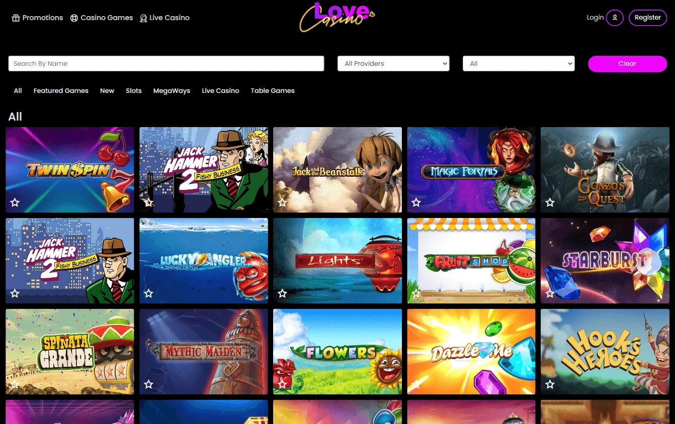 Love Casino desktop games area with casino categories and titles