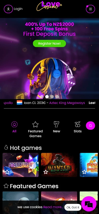 Love Casino mobile browser home view on an iOS or Android device